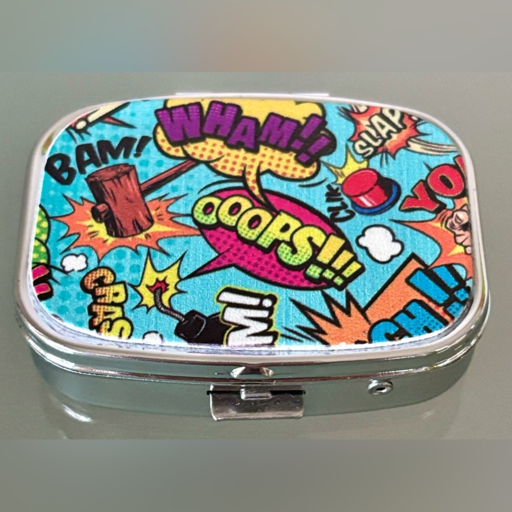 Pop Comic Book Art Action Words Rectangular 2 Compartment Travel Pill Box New
